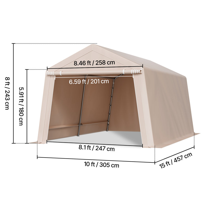 Outdoor Storage Shelter Portable Shed 10x15 ft Waterproof Canopy Garage Tent, Beige, 96" H x 120" W x 180" D