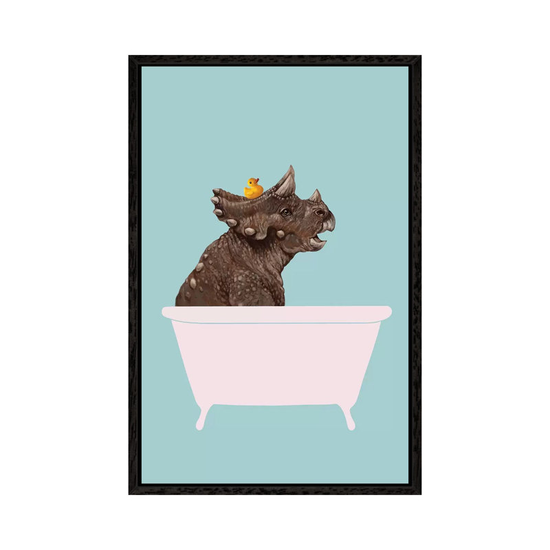 Triceratop In Bathtub by Big Nose Work - Print on Canvas, 66.04 cm H x 45.72 cm W, Black Framed Canvas
