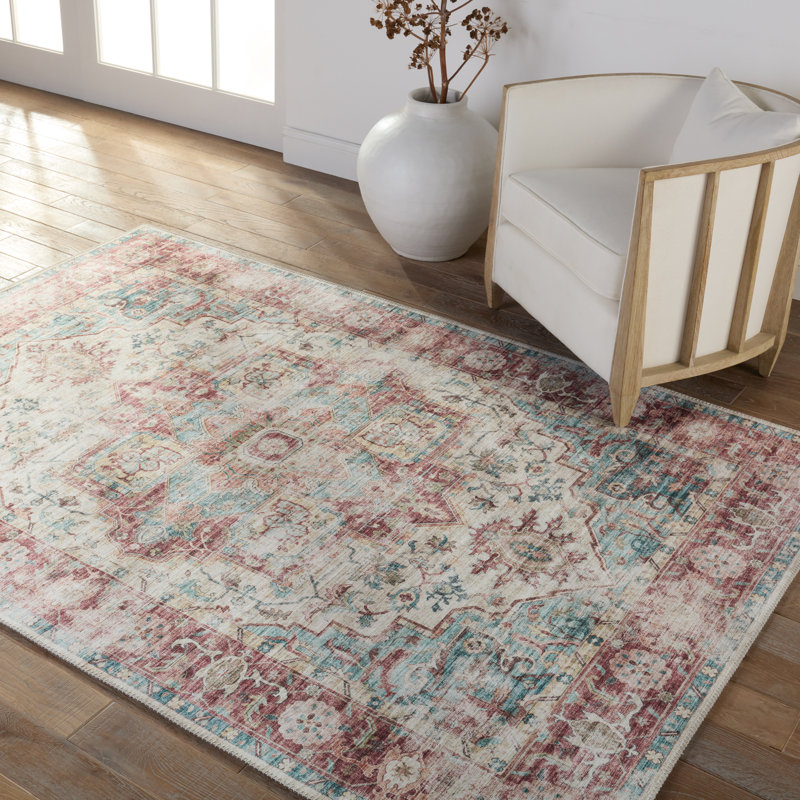 Tapis rouge foncé / bleu sarcelle Mashaunda Performance, Rectangle 5 pi 3 po x 7 pi 6 po