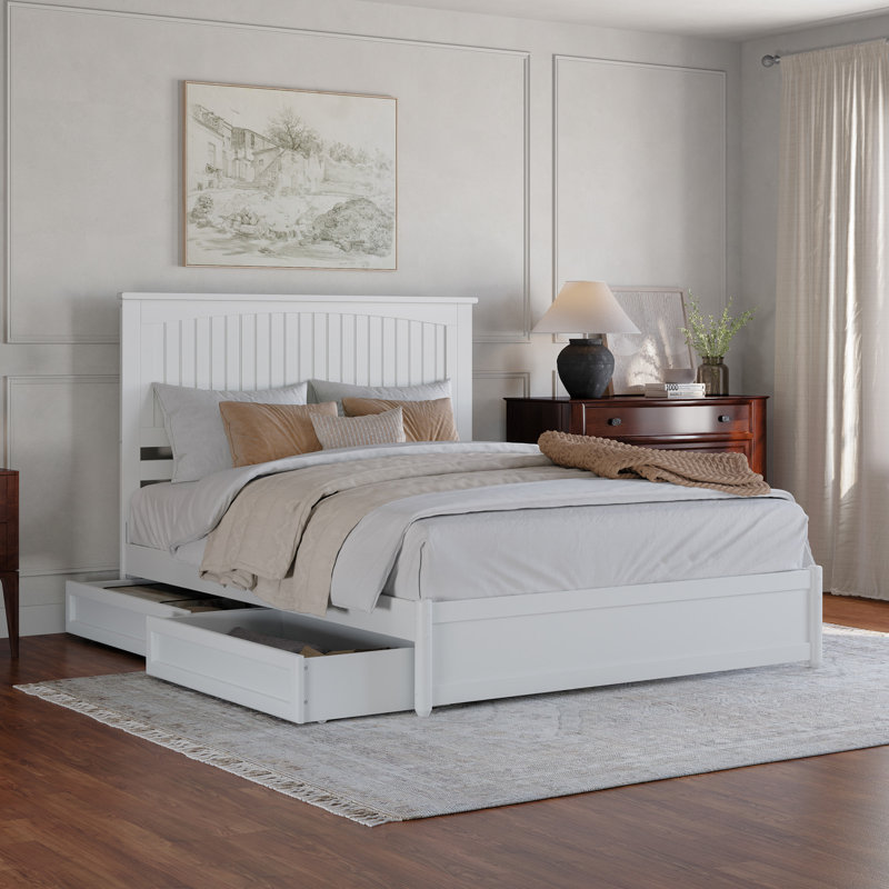 Lamaiyah Solid Wood Platform Bed with Footboard and Storage Drawers, White, Queen