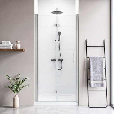 34" W x 72" H Aluminum Bifold Semi-Frameless Shower Door in Brushed Nickel with Explosion Proof Film, 1/4"(6mm) Clear Tempered Glass and Stainless Steel Handle