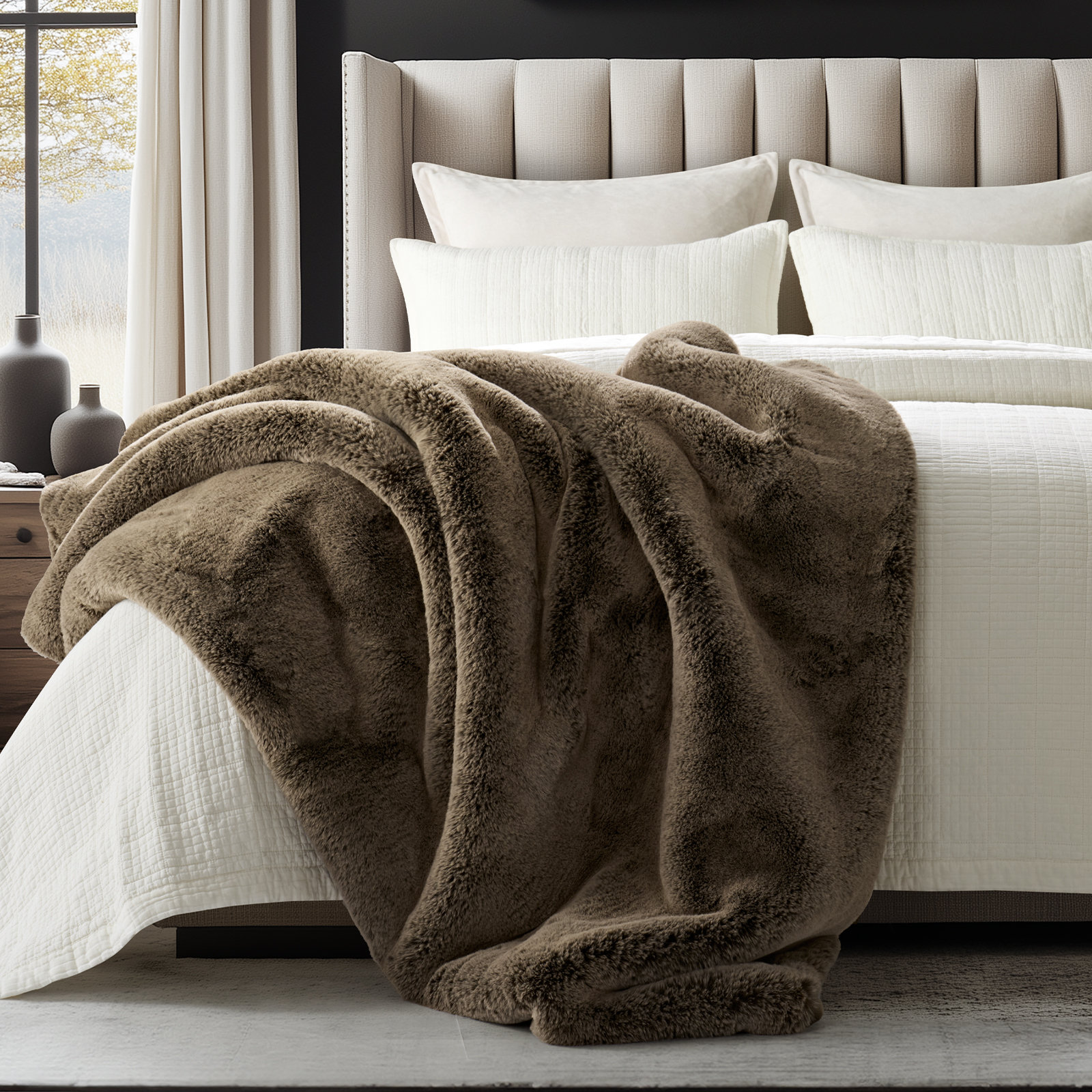 Luxury Soft Faux Chinchilla Fur Throw Blanket 1220GSM, Brown Sable, 60" L x 50" W