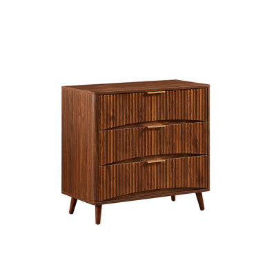 Commode 3 tiroirs de style Mid-Century moderne, commode verticale cannelée haute, armoire de rangement à finition noyer