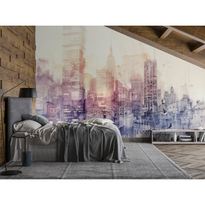 Murale aquarelle paysage urbain - papier peint abstrait horizon, décoration murale moderne urbain pour chambre ou salon