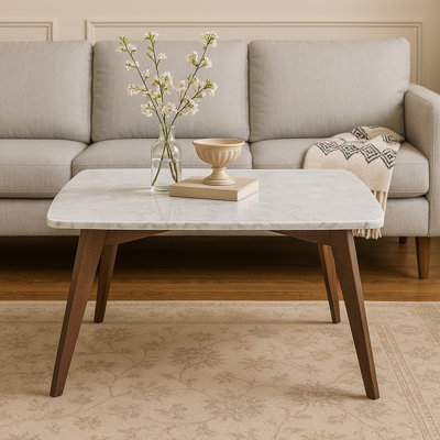 Riccardo 31" Square Italian Carrara White Marble Coffee Table With Walnut Legs