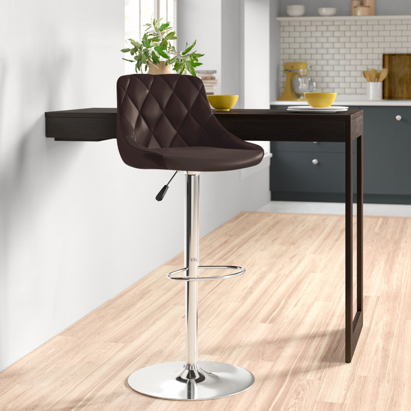 Hilia Vinyl Bucket Seat Adjustable Height Barstool with Diamond Pattern Back, Brown
