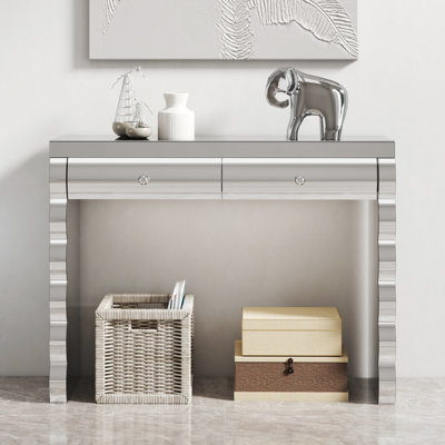Console moderne argentée, miroir incurvé et 2 tiroirs, table d'appoint convenant au couloir et au salon