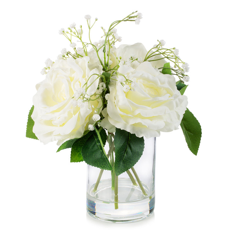 Silk Roses Arrangement in Vase, White/Green