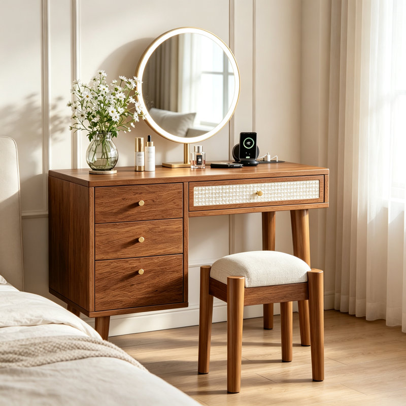 Ensemble coiffeuse 39 po en bois de style bohémien rétro avec prise de charge et port USB et tabouret, coiffeuse avec 3 tiroirs de rangement et 1 tiroir rectangulaire en rotin, noyer 