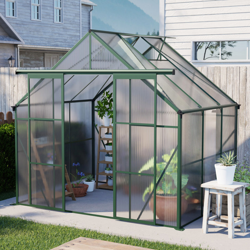 8X6 Polycarbonate Greenhouse With Double Door For Outdoor Backyard Green