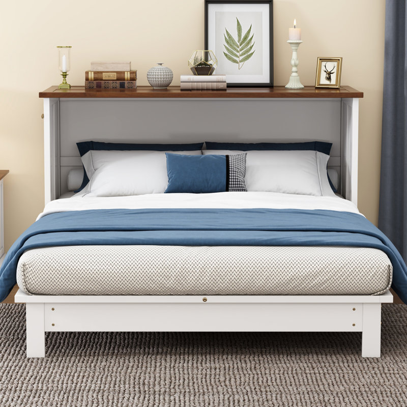 Lit convertible, fonctionnel, pleine grandeur, noyer blanc, espace de rangement Plenitude, Lit double