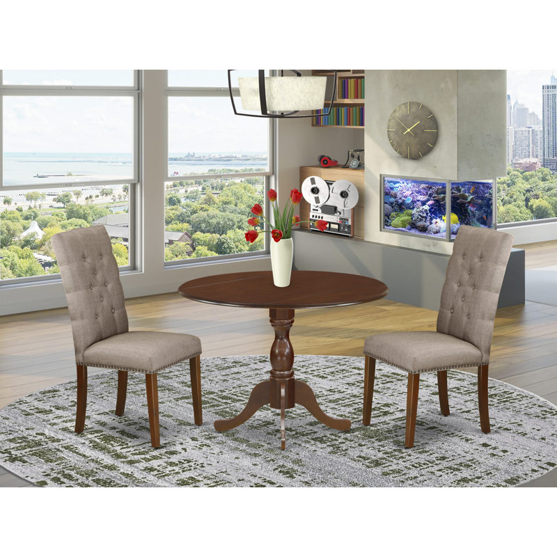 Solid Wood Top Dining table with Chairs with Drop Leaf Lattice Back, 3, Mahogany, Dark Khaki