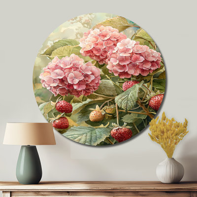 Hydrangeas in the Strawberry Patch - Décoration murale traditionnelle en métal rose
