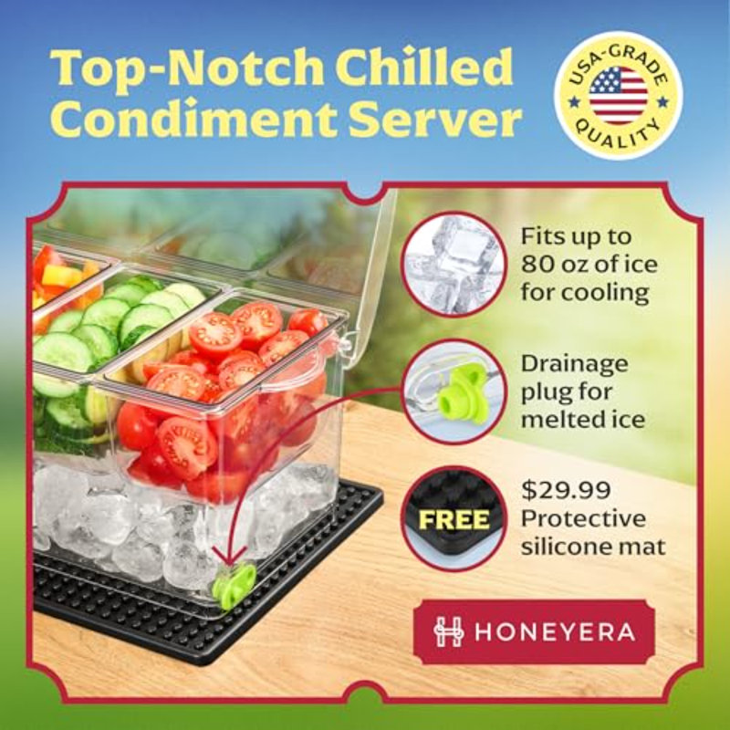 Chilled Condiment Server|Hosting Essentials For Up To 80 Oz Of Ice|Bar Supplies Drain Plug|BPA-Free Taco Bar/Salad Bar | Food-Safe Condiment Caddy|Hosting Party Essentials