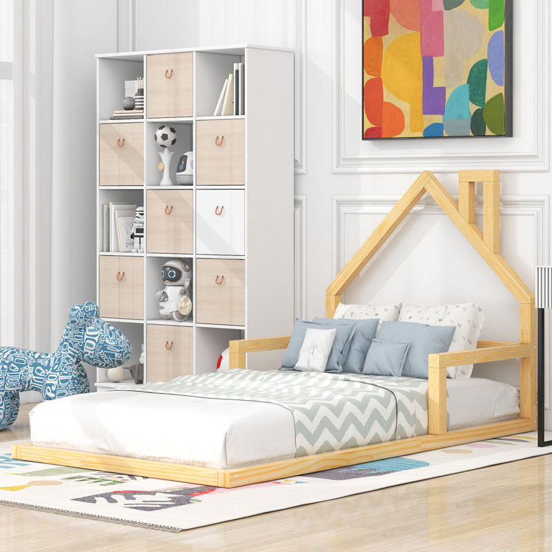Wood Floor Bed With House-Shaped Headboard, Natural