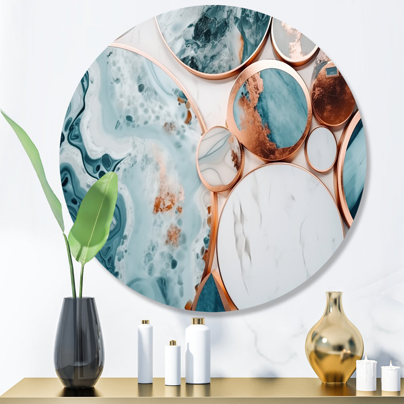 Océan marbré Hald Circle Abstract II - marbre abstrait rond, art mural sur métal, H 16 po x l 16 po x P 1 po