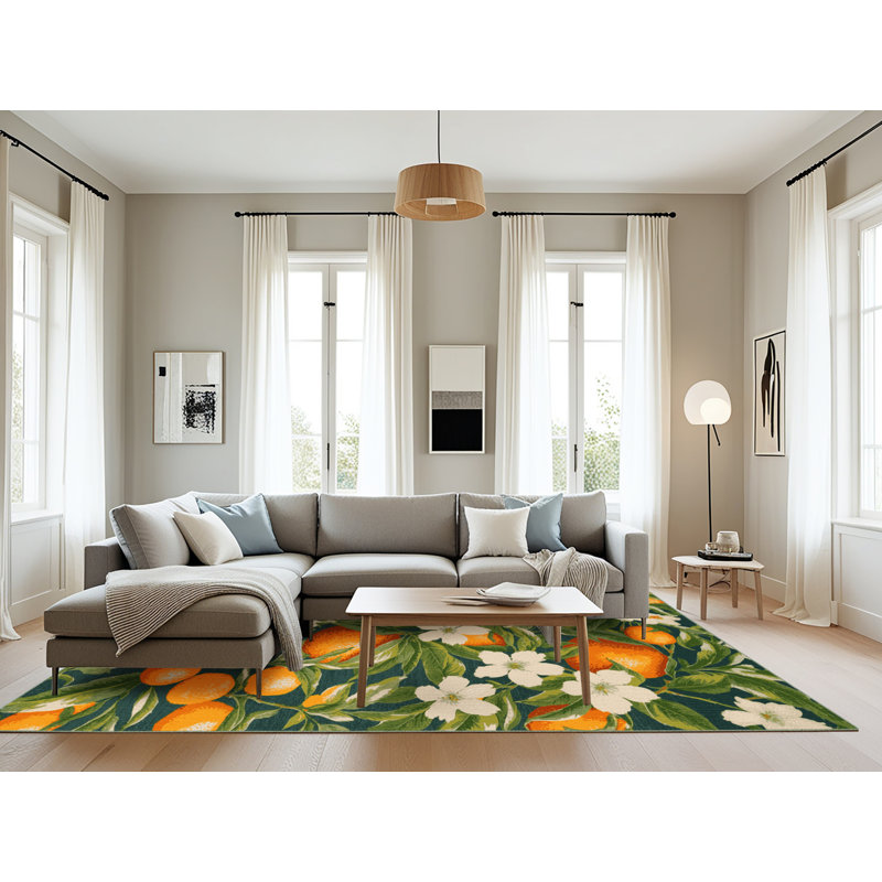 Machine Washable Botanical Green Area Rug