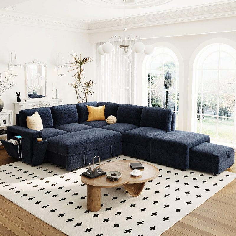 En forme de L avec port et compartiment de rangement supplémentaire - appartement confortable bleu intégré, Blue Polyester