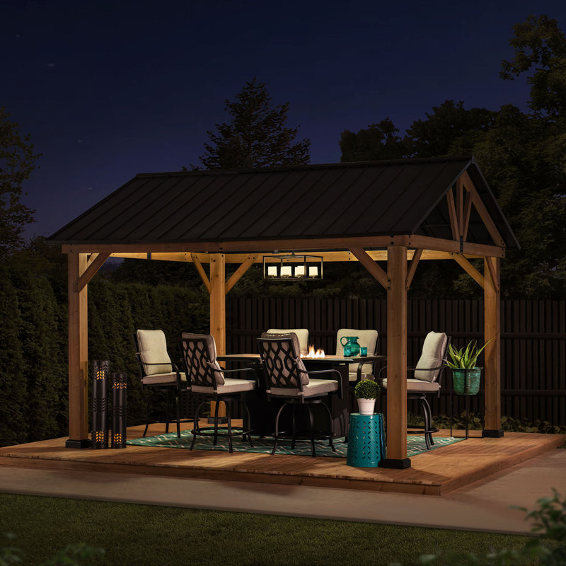 Sunjoy 11 Ft. X 13 Ft. Cedar Framed Gazebo With Matte-Black Steel Gable Hard Top Roof, Matte Black
