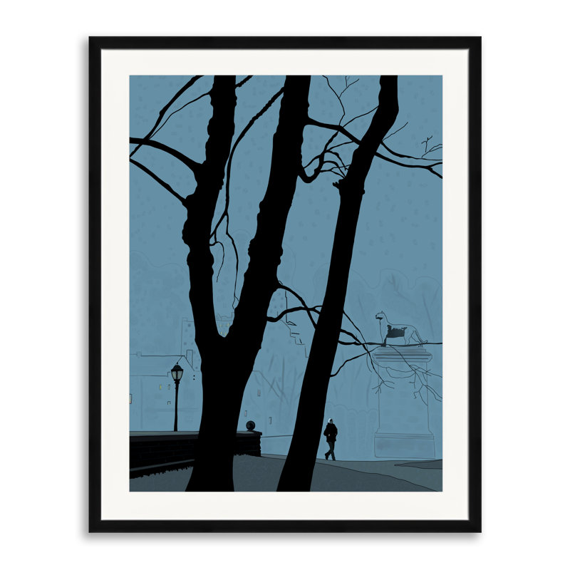 «Park Entrance on Winter Day» par Evan Sklar - Peinture, Papier avec cadre noir, H 30 po x l 24 po