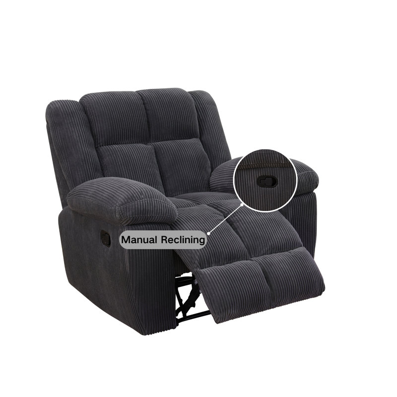 Manual Recliner Chair With Padded Armrests - Overstuffed Corduroy Upholstery, Solid Wood Frame, 400Lb Capacity, Dark Gray