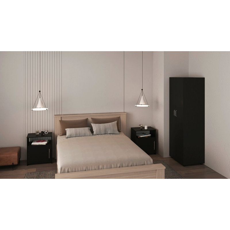 Ensemble de chambre à coucher 3 pièces, armoire London + 2 tables de chevet Omaha, noir