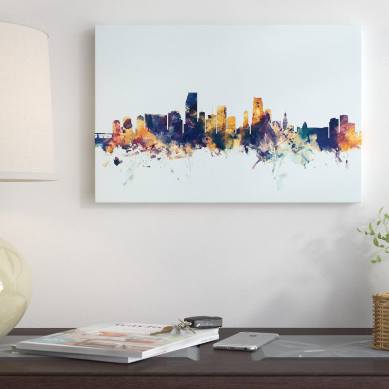 Skyline Series: Miami, Florida, USA, impression sur toile tendue en bleu, H 16 po x l 24 po x P 1 po, Blanc