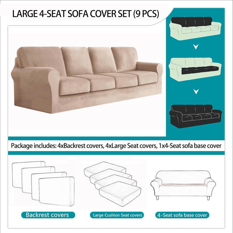 Sofa Cover With Separate Seat Cushions And Backrests Stretch Velvet Sofa Slipcover Couch Covers Furniture Protector Split Combined (Large 4 Seat Set 9 PCS)