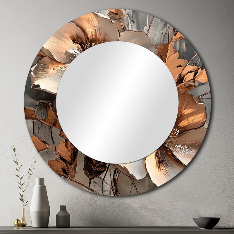 Cuivre métallique et fleurs abstraites chromées I - Miroir moderne pour décoration murale, 36 po x 36 po