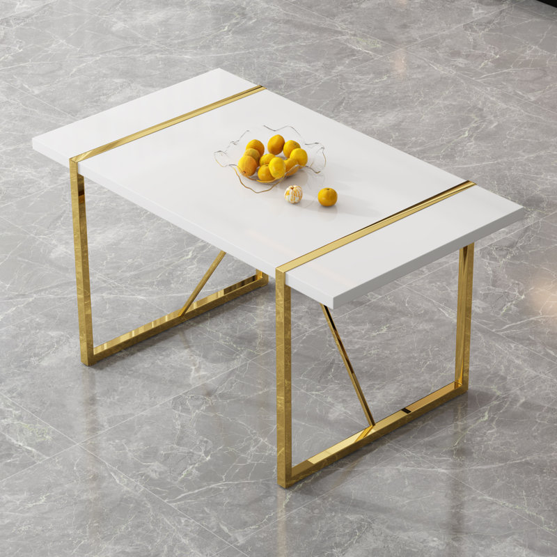 5-Piece Modern Rectangular High-Gloss Dining Set with Faux Leather Cantilever Chairs, Black/Gold, White