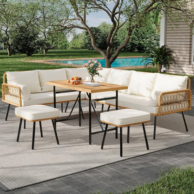 Ensemble de meubles de patio 6 pièces avec table basse, canapé modulaire en L en osier de rotin Boho, structure en métal