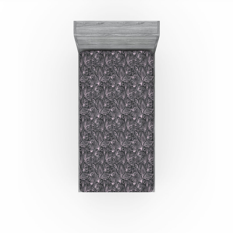 Ambesonne Nature Fitted Sheet Leaves Botanical Style Art, Twin Fitted Sheet, Lilac/Charcoal Gray Floral