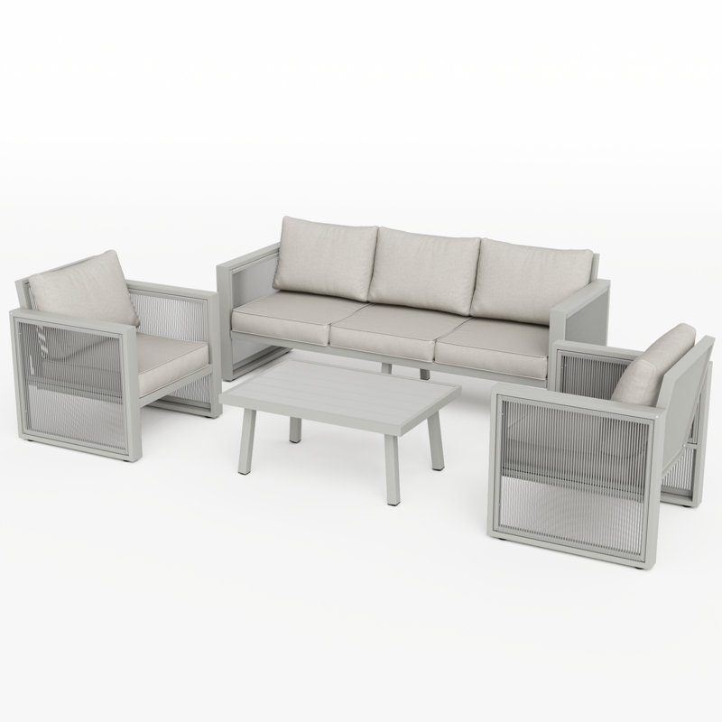 Ensemble de conversation pour patio en aluminium pour 5 personnes avec coussins Harloe, Coussin beige / structure grise