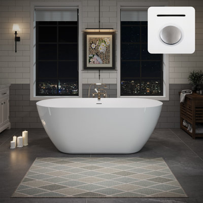  60" x 28.74" Acrylic Freestanding Bathtub, Oval Deep Soaking Bathtub with Brushed Nickel Pop-up Drain & Integrated Overflow for Bathroom Spa