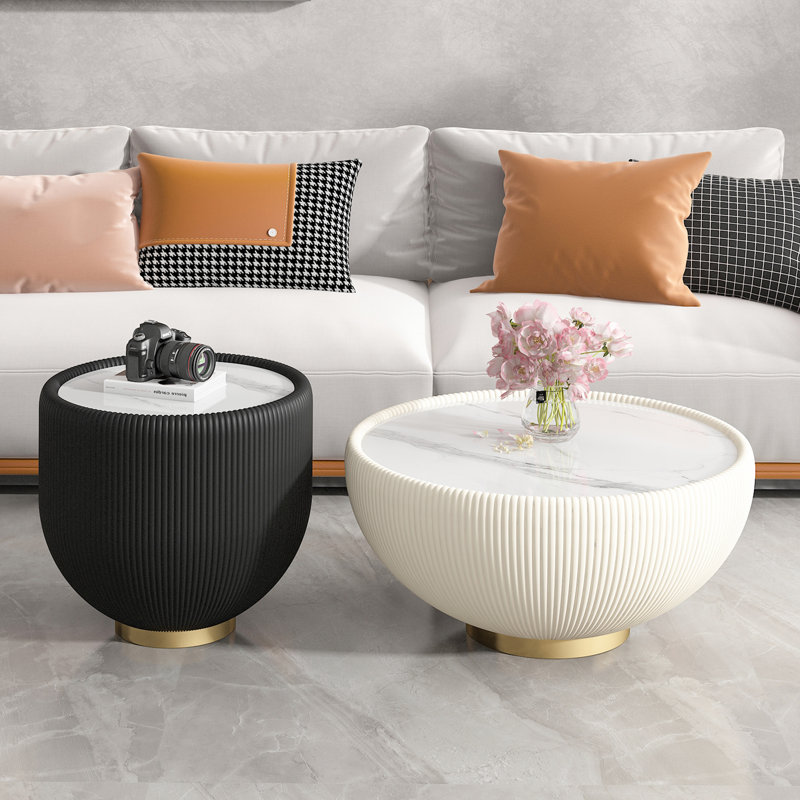 Table basse d'appoint moderne en cuir PU, White Marble / Black, Does Not Apply, 16.93" H x 19.69" W x 19.69" D