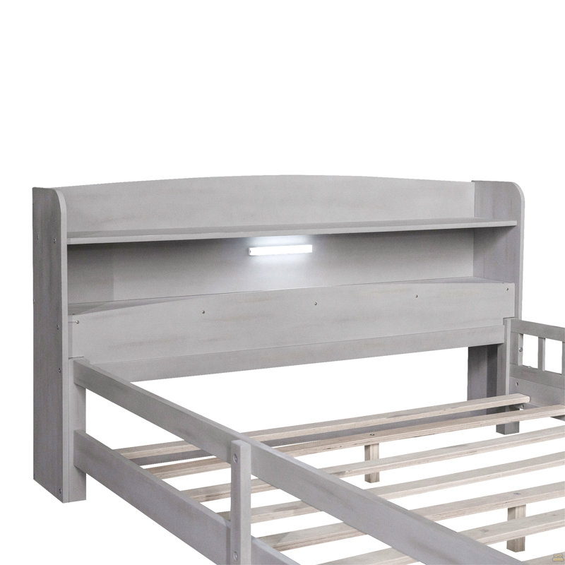 Lit plateforme en bois avec lumière à DEL intégrée, tête de lit et garde-corps, gris antique, Double, Gray