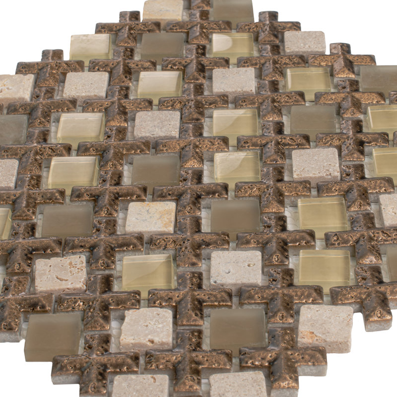 11" x 11" Glass Grid Mosaic Wall Tile, Beige/Brown