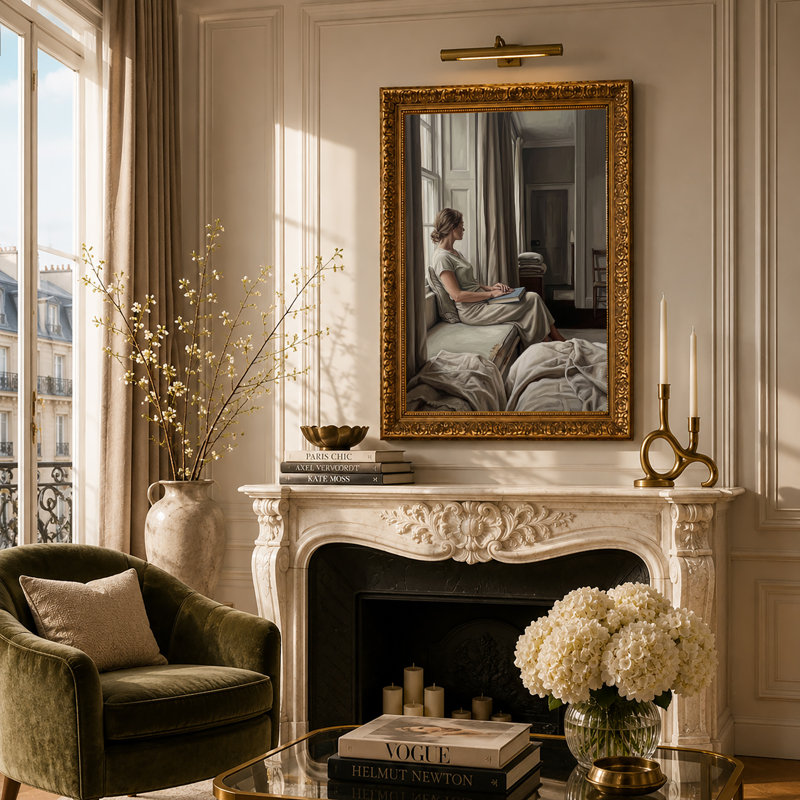 Femme tenant un livre bleu sur un siège de fenêtre dans une chambre à coucher, art mural, 30"H x 20"W