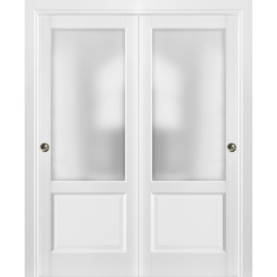 Sliding Closet Bypass Doors with hardware Lucia 22 White Silk with Frosted Opaque Glass Sturdy Rails Moldings Trims Set Kitchen Lite Wooden Solid Bedroom Wardrobe Doors -36" x 84" (2* 18x84)-Frosted Glass