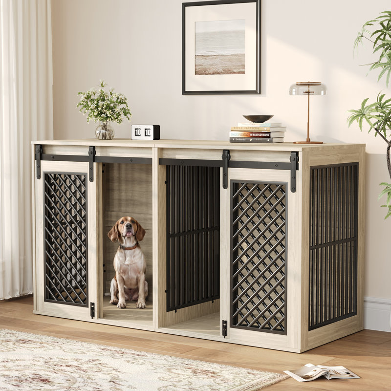 61" W Separable Large Dog Crate Furniture with Divider – Versatile Design for Multiple Dogs and Spaces, Oak