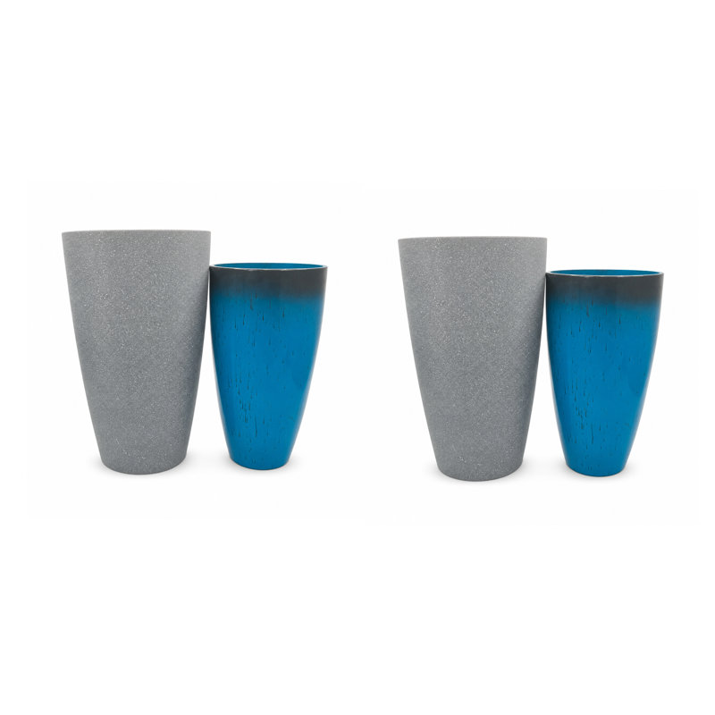 Ensemble de 4 pots à fleurs modernes en résine à finition mixte avec soucoupes et écrans de drainage, bleu brillant et gris anthracite moucheté