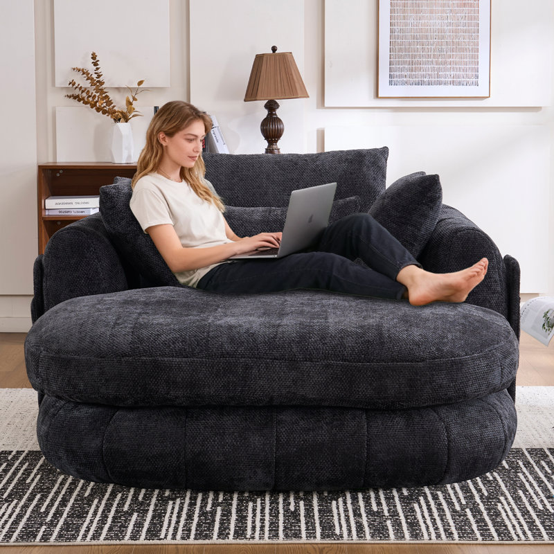 72.6" Black Chenille Oversized Chaise Lounge Sofa Bed, No Assembly, Deep Seat & Side Pocket, Black