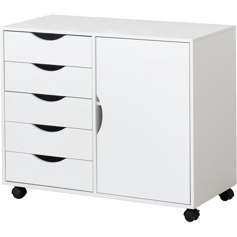 5-drawer Chest With 1 Door, Storage Chest Of Drawers, Mobile Dresser Cabinet With Wheels, Printer Stand For Home Office Bedroom