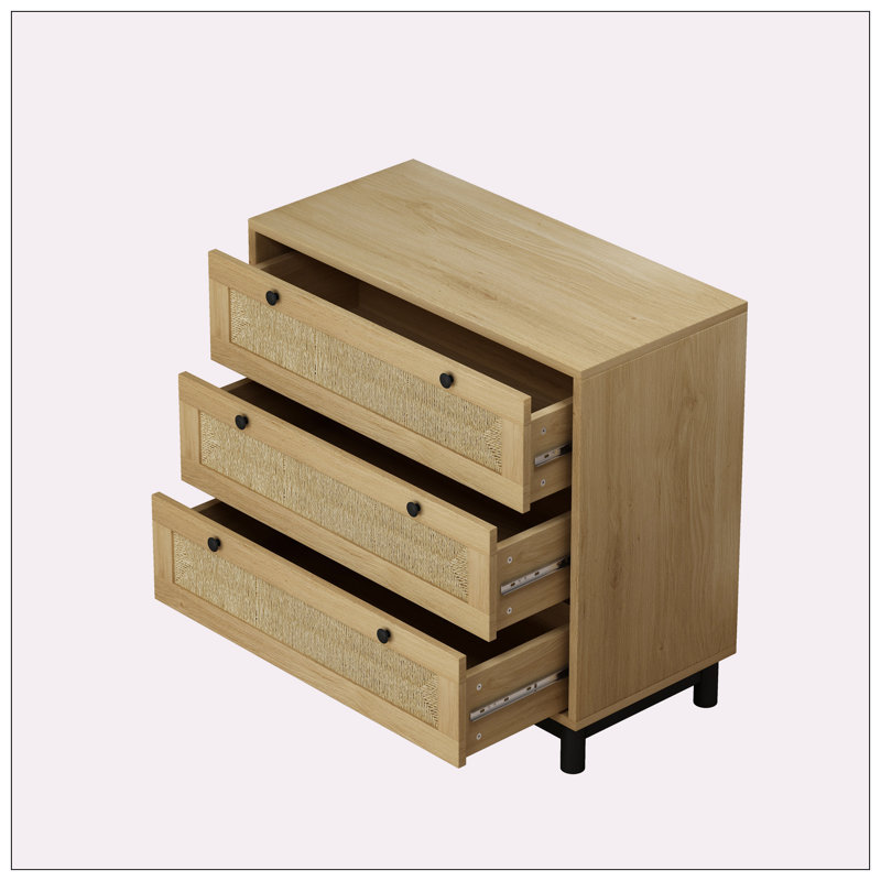 Armoire de rangement à 3 tiroirs en corde tissée (ensemble de 2), Chêne
