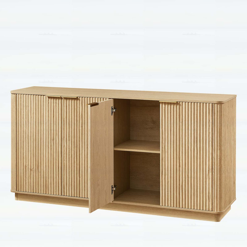 Vertical Stripe Buffet Cabinet with Storage,Curved Wave Design, Natural