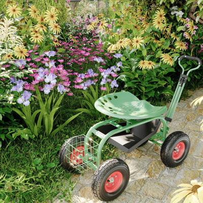 Heavy-Duty Green Garden Rolling Stool Cart with 360° Swivel Seat – 10-Inch All-Terrain Wheels – Adjustable Steering Handle – Tool Tray – Mobile Gardening Chair
