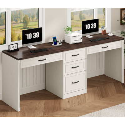 80.9" Executive Computer Desk With Power Outlet And 5 Drawers, Large Home Office Writing Desk With File Drawer And Metal Handles, Rustic Brown