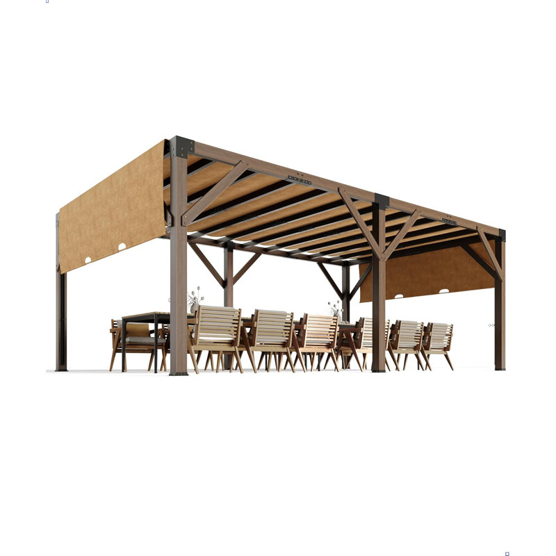 12x20 Ft Wood Pergola with Retractable Sunshade Canopy Solid Cedar Spruce Composite Structure for Backyard or Deck or Garden Reddish Brown