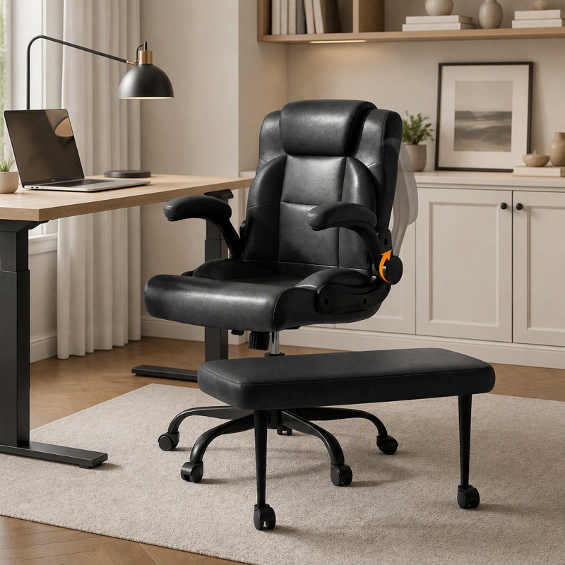 Chaise de bureau ergonomique à jambes croisées avec accoudoirs réglables, repose-pieds pivotant à 360° et réglage en hauteur pour un confort optimal au bureau à domicile.