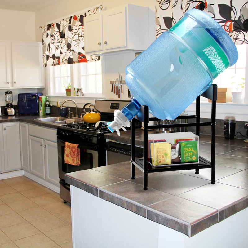 Distributeur de support de cruche d'eau en métal 5 gallons avec tablette, support de refroidisseur d'eau potable avec valves et roulettes verrouillables, support de bouteille d'eau robuste pour comptoir